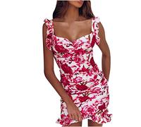 AMhomely Sexy Dresses for Women Going Out Elegant Party Clubwear UK Ladies Casual V-Neck Sleeveless Ruffle Floral Printed HIPS Wrap Dresses Y2K Mini Dress Summer Bodycon