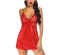 AMhomely Sexy Lingerie for Women Naughty Erotic Outfits Women Ice Silk Cami Sling Lingerie Lace Robe Briefs Underwear Suit Slutty Underwears Nightwear Sets for Ladies UK Sale Clearance, 10 Red, L