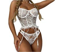 AMhomely Sexy Lingerie for Women Naughty Erotic Outfits Women Lingerie Corset Lace Underwire Sleepwear Tops+Briefs Slutty Underwears Nightwear Sets for Ladies UK Sale Clearance, White, L