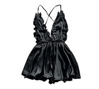 AMhomely Sexy Lingerie for Women Naughty Erotic Outfits Women Satin V-Neck Sling Ruffle Stain Camisole Pajamas Nightdress Slutty Underwears Nightwear Sets for Ladies UK, 32 Black, L