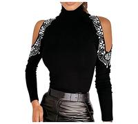 AMhomely Sexy Tops for Women UK Turtleneck Cut Shoulder Long Sleeve Slim Fit Jumper Rhinestone Studded Knitted Tops Ladies Elegant Sweater Warm Pullover Sweatshirts for Work Office