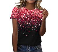 AMhomely Short Sleeve Top for Women - Sparkling Summer Casual Blouse with Elegant Gradient Sequins Print - Loose Fit, Red, XXL