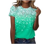 AMhomely Short Sleeve Top for Women - UK Ladies Sparkling Summer Casual Blouse Elegant Gradient Sequins Print Tunic Loose Fit Pullover Shiny Shirt Green L Size 16