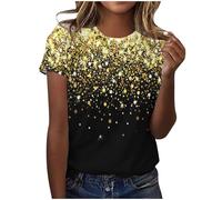AMhomely Short Sleeve Tops for Women UK Ladies Sparkling Top Size 16 Summer Casual Blouse Elegant Gradient Sequins Print Tunic Tops Loose Fit Casual Pullover Shiny Shirts Yellow XL