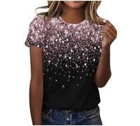 AMhomely Short Sleeve Tops for Women UK Ladies Sparkling Top Size 16 Summer Casual Blouse Elegant Gradient Sequins Print Tunic Tops Loose Fit Casual Pullover Shiny Shirts Pink XXL