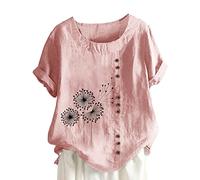 AMhomely Short Sleeve Tunic Tops for Women UK Plus Size Cotton Linen Blouse Plus Size Dandelion Tunic Blouse Elegant Button Shirts Office Work Chinese Style Casual Tee Shirts Holiday Pink L