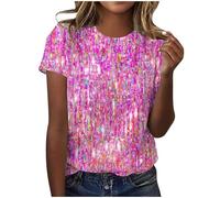 AMhomely Short Sleeve Tunic Tops for Women UK Sparkling Ladies Elegant Blouse Gradient Sequins Print Casual T Shirts Loose Fit Pullover Tops Shiny Shirts Office Work Hot Pink XL