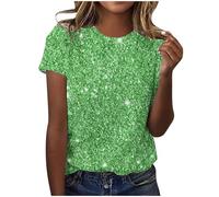AMhomely Short Sleeve Tunic Tops for Women UK Sparkling Tops Ladies Elegant Blouse Gradient Sequins Print Casual T Shirts Crewneck Tunic Loose Fit Pullover Shiny Shirts Office Work Green M