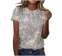 AMhomely Short Sleeve Tunic Tops for Women UK Sparkling Tops Ladies Elegant Blouse Gradient Sequins Print Casual T Shirts Crewneck Tunic Loose Fit Pullover Shiny Shirts Office Work Grey XL