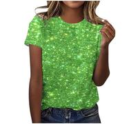 AMhomely Short Sleeve Tunic Tops for Women UK Sparkling Tops Ladies Elegant Blouse Gradient Sequins Print Casual T Shirts Crewneck Tunic Loose Fit Pullover Shiny Shirts Office Work Green L