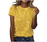 AMhomely Short Sleeve Tunic Tops for Women UK Sparkling Tops Ladies Elegant Blouse Gradient Sequins Print Casual T Shirts Crewneck Tunic Loose Fit Pullover Shiny Shirts Office Work Yellow M