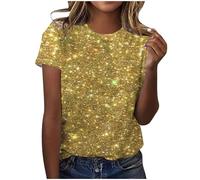 AMhomely Short Sleeve Tunic Tops for Women UK Sparkling Tops Ladies Elegant Blouse Gradient Sequins Print Casual T Shirts Crewneck Tunic Loose Fit Pullover Shiny Shirts Office Work Yellow L