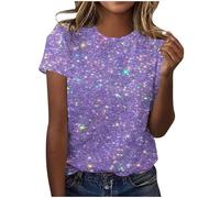 AMhomely Short Sleeve Tunic Tops for Women UK Sparkling Tops Ladies Elegant Blouse Gradient Sequins Print Casual T Shirts Crewneck Tunic Loose Fit Pullover Shiny Shirts Office Work Purple L