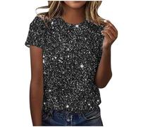 AMhomely Short Sleeve Tunic Tops for Women UK Sparkling Tops Ladies Elegant Blouse Gradient Sequins Print Casual T Shirts Crewneck Tunic Loose Fit Pullover Shiny Shirts Office Work Black L