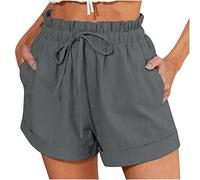 AMhomely Shorts for Women UK Drawstring Cotton Linen Shorts Plus Size Casual with Pocket Plain Elastic Waist Straight Wide Legs High Waist Relaxed Beach Grey XXL