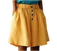 AMhomely Shorts for Women UK Plus Size Cotton Linen Shorts Button High Waist Casual Shorts with Pocket Wide Legs Shorts Flared Shorts Culottes Hotpants Ladies Vintage Elegant Shorts Yellow M