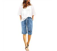 AMhomely Shorts Womens Summer Cotton Linen Shorts for Women UK Floral Print Casual Knee Length Beach with Pocket Elastic High Waisted Casual Loose Track Bottoms Blue L