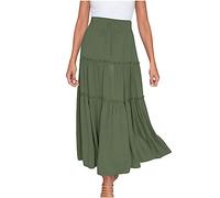 AMhomely Skirts for Women UK Elastic Waisted Bohemian Skirts Drawstring Pleated Dress Solid Tiered Swing Dress High Waist A-Line Maxi Dress Ruffle Trim Long Skirts Ladies Casual Skirts Green L