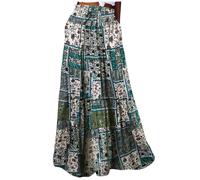 AMhomely Skirts for Women UK Elasticated Waist Bohemian Maxi Long Skirts Ladies Summer Casual Boho Skirt UK Vintage Floral Print Ruched Ruffles Beach Skirt