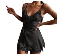 AMhomely Sleeveless Nightdresses For Women UK Plus Size Lace Pajamas Dress With Shorts Silk Satin Vest Dress Nightwear Sexy V Neck Lingerie Bottoms Loungewear Sleepwear Homewear Black S