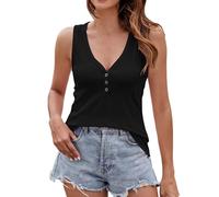 AMhomely Sleeveless Tops Women UK V Neck Button Top Women Summer Knitted Camisole Tops V Neck Basic Tank Tees Shirts Solid Casual Vest Solid Casual Tunic Holiday Vacation Black XL