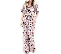 AMhomely Smart Casual Jumpsuit For Women Uk Ladies Playsuits For Summer Office Casual Romper Trousers Full Length Vintage Floral Shirt Jumpsuits Pocket Dressy Overall Pants Holiday Vacation Beige XXL