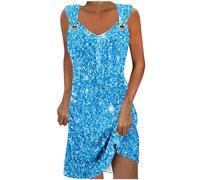 AMhomely Sparkling Dress for Women Party Ladies Sleeveless Summer Dresses V Neck Sequins Print Casual Beach Dress Midi Length Shift Baggy Pullover Going Out Blue M