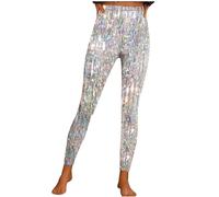 AMhomely Sparkling Leggings for Women UK High Waisted Shiny Ladies Funny Print Tracksuit Bottoms Elastic Casual Trousers Slim Fit Basic Pants Active Athletic Joggers Silver XXL
