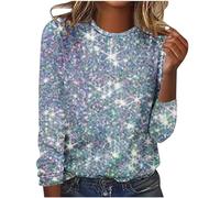 AMhomely Sparkling Tops for Women UK Ladies Long Sleeve Tops Plus Size Casual Tunic Elegant Blouse Crewneck Glitter Print Tee Shirts Sequin Print Pullover Shirts Office Work Silver XL