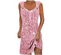 AMhomely Sparkling Women's Summer Beach Dress - Pink Sequins Print V-Neck Midi Shift Dress -XL