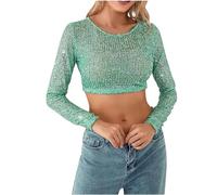 AMhomely Sparkly Crop Top Women Long Sleeve Crewneck Sexy Shiny Glitter Tunic Elegant Party Cropped Shirts Sparkling Solid Short Pullover Tops UK Green S
