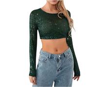 AMhomely Sparkly Crop Top Women Long Sleeve Tops Women Sexy Shiny Glitter Tunic Tops Corset Blouse Elegant Party Cropped Shirts Sparkling Shirts Solid Short Pullover UK Army Green L