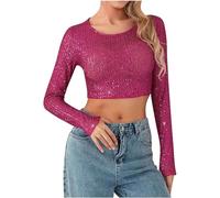 AMhomely Sparkly Crop Top Women's Long Sleeve Shiny Glitter Tunic Crop Blouse Elegant Party Cropped Shirts Sparkling Solid Hot Pink L