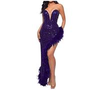 AMhomely Split Dresses for Women Faux Fur Trim Dress Chestless V-Neck Tunic Maxi Dresses Open Back Lace Up Sequin FauxFeather Patchwork Evening Gown Going Out Wedding Guest Dress Purple M