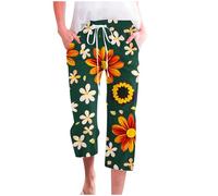 AMhomely Straight Leg Summer Trousers for Women Ladies 3/4 Length Pants with Pocket Drawstring Casual Cropped Pants Vintage Floral Print Capris Pants Elastic Waisted Capris Trousers Multicolor 3XL