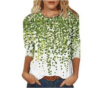 AMhomely Summer 3/4 Sleeve T Shirt Landscape Painting Pattern Top for Womens Three Quarter Sleeve Pullover Round Neck Tees Tunics Tops Graphic Tee Shirts 07 Green L