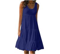 AMhomely Summer Beach Dresses for Women UK Casual Solid Swing Dress Sleeveless Loose Fit Party Mini Dress, 01 Dark Blue, M
