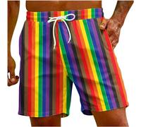 AMhomely Summer Beach Shorts Men Rainbow Shorts Men Hawaii Aloha Party Drawstring Elastic Waisted Hot Pants with Pocket Gradient Stripe Print Casual Boardshorts Swim Trunks Multicolor M