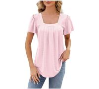 AMhomely Summer Blouse for Women Square Neck Tunic Tops Ruffle Short Sleeve Shirts Pinhole Hollow Casual Office Blouse Solid Pleated Tunic Tops Tee Shirts Loose Basic Swing Shirts Holiday Pink L