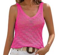 AMhomely Summer Camisole Tops for Women UK Crochet Knit Vest V Neck Sleeveless Beach Vest Tops Hollow Ribbed Knitted Sheer See Through Camis Shirts Solid Loose Basic Holiday Vest Tops Hot Pink S