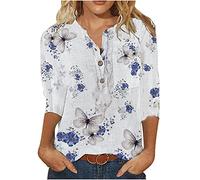 AMhomely Summer Casual Tops Womens 3/4 Length Sleeve Tee Shirts Floral Print Shirts Blouses UK Size Ladies Buttons Tunic Tops Fall Jumper Clothes 01 Blue L