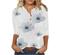 AMhomely Summer Casual Tops Womens 3/4 Length Sleeve Tee Shirts Floral Print Shirts Blouses UK Size Ladies Buttons Tunic Tops Fall Jumper Clothes, 01 Light Blue, M