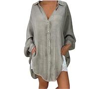 AMhomely Summer Cotton Linen Blouse Womens Work Shirts and Blouses Plus Size Long Sleeve Oversized Tunic Tops Long Draped Hem Casual Dress Blouse Elegant Party Tees Shirts Office Work Tops Grey 4XL