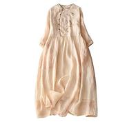 AMhomely Summer Dresses for Women UK Chinese Dresses for Women Cheongsam Elegant Traditional Mandarin Collar Cotton Linen Dress Embroidery Floral Tunic Dress Bea 01 Beige M
