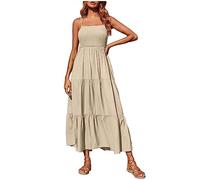AMhomely Summer Dresses for Women UK Clearance Bohemian Smocked Tiered Long Beach Sun Sleeveless Solid Maxi Dress Ladies Floral Swing with Spaghetti Straps Petite Sexy Dress, A01 Khaki, 5XL