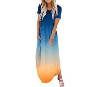 AMhomely Summer Dresses for Women UK Clearance Maxi Dresses Summer Casual Cross Rounk Neck Short Sleeve Slit Vacation Beach Long Dress Ladies Maxi Dresses Plus Size Petite Sexy Dress UK Size, Z5 Navy