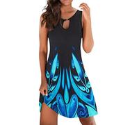 AMhomely Summer Dresses for Women UK Clearance Sleeveless Skater Dress Knee Length Tunics Dress with Keyhole Floral Print Tank Dress Ladies Summer Shift Dress Swing Dresses Sale, 01 Blue Digital