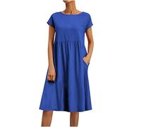 AMhomely Summer Dresses for Women UK Cotton and Linen Dresses Short Sleeve Tiered Cap Sleeve Swing Crewneck Loose Beach Dress Elegant Casual Pullover Dress Pocket Holiday 01 Blue XL