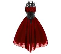 AMhomely Summer Dresses for Women UK - Ladies Gothic Sexy Banquet Festival Lace Chiffon Dress - Baggy Loose Midi Wedding Guest Shift Gothic Clothes (Wine, S)