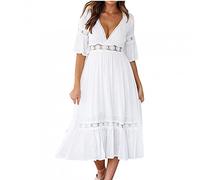 AMhomely Summer Dresses for Women UK Party Dresses Ladies Sexy Dress Hollow Chiffon Short Sleeve V-Neck Long Dress Baggy Loose Midi Wedding Guest Summer Shift White